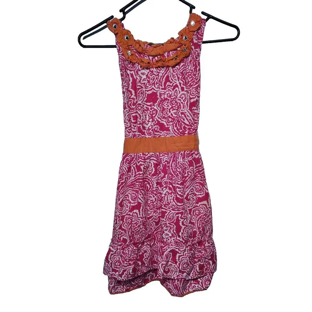 Simply Envogue Women Pink Paisley Cotton Ruffle Rhinestone Sun Dress No Size Tag